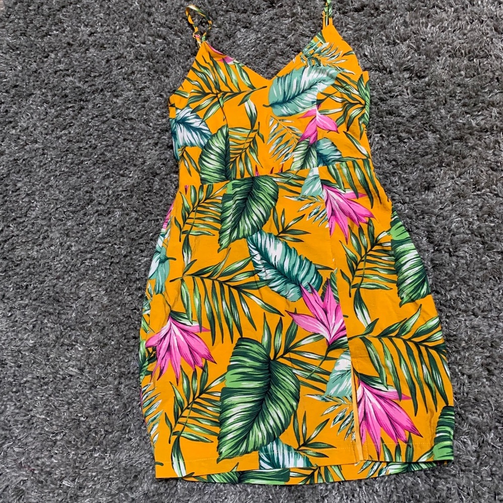 Mustard yellow tropical mini dress